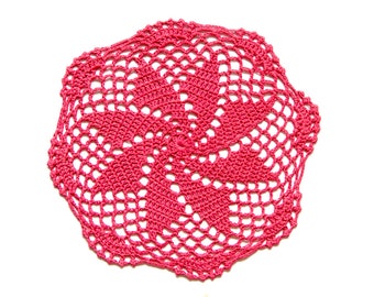 Red Coral Circle Crochet doily, hand dyed vintage round Doily FREE SHIPPING