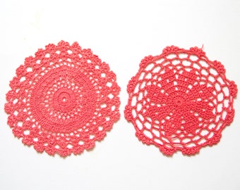 2 red Circle Crochet doilies, coral hand dyed vintage round Doilies FREE SHIPPING