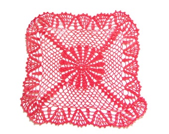 Red Coral Square Crochet doily, hand dyed vintage round Doily FREE SHIPPING