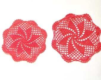 2 red coral  Circle Crochet doily, hand dyed vintage round Doily FREE SHIPPING