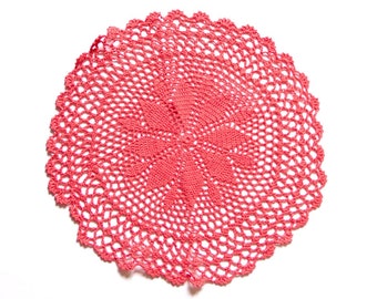 Red Coral Circle Crochet doily, hand dyed vintage round Doily FREE SHIPPING