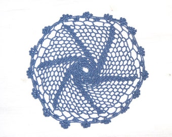 Blue Grey Circle Crochet doily, hand dyed vintage round Doily FREE SHIPPING