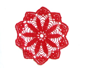 Red Circle Crochet doily, hand dyed vintage round Doily FREE SHIPPING