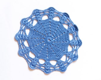 Blue Circle Crochet doily, hand dyed vintage round Doily FREE SHIPPING