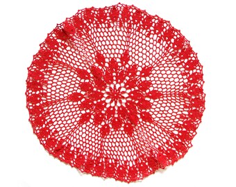 Red Circle Crochet doily, hand dyed vintage round Doily FREE SHIPPING
