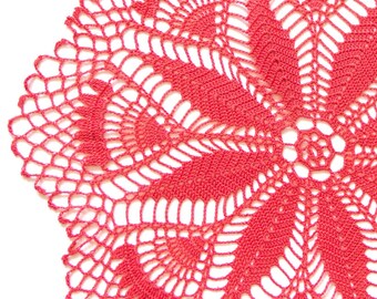 Red Circle Crochet doily, pink hand dyed vintage round Doily FREE SHIPPING