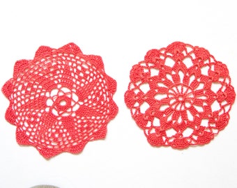 2 red Circle Crochet doilies, coral hand dyed vintage round Doilies FREE SHIPPING
