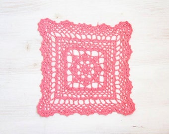 pink Square Crochet doily, hand dyed vintage Doily FREE SHIPPING