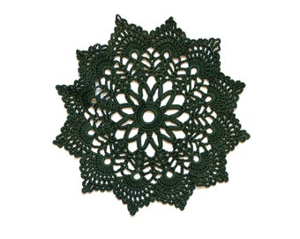 Dark Green Circle Crochet doily, hand dyed vintage round Doily FREE SHIPPING