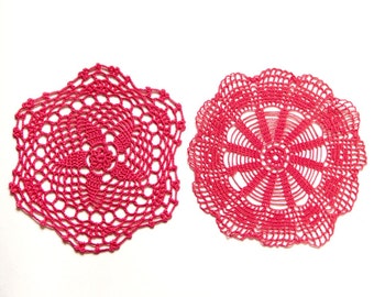 2 pink Circle Crochet doilies, coral hand dyed vintage round Doilies FREE SHIPPING
