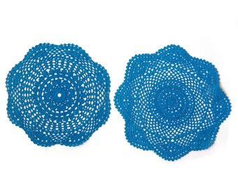 2 Blue Circle Crochet doily, hand dyed vintage round Doily FREE SHIPPING