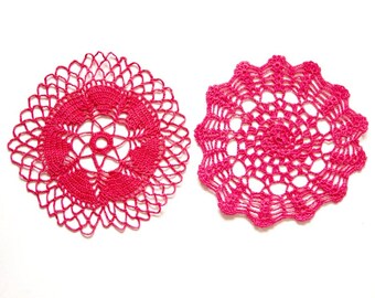 2 pink Circle Crochet doilies, fuchsia hand dyed vintage round Doilies FREE SHIPPING