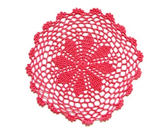 Red Coral Circle Crochet doily, hand dyed vintage round Doily FREE SHIPPING