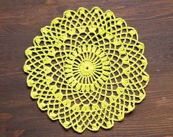 Lime green Circle Crochet doily, hand dyed vintage round Doily FREE SHIPPING