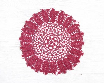 Vintage Round Crochet Doily with Red Beads 