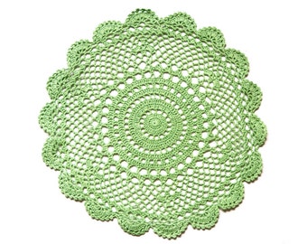 Green Circle Crochet doily, hand dyed vintage round Doily FREE SHIPPING