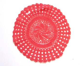 Red Coral Circle Crochet doily, hand dyed vintage round Doily FREE SHIPPING