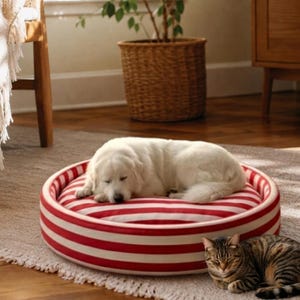 Luxury Red White Striped Round Dog Bed NRT0008, Cozy Plush Pet Bed for Small, Medium & Large Dogs, Washable Cushion Pet Sofa, Comfortable