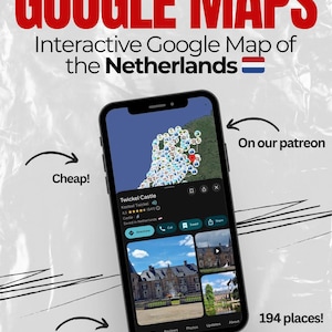 Könnte beinhalten: Ein Smartphone zeigt eine interaktive Google Map der Niederlande mit dem Text "GOOGLE MAPS" oben. Der Bildschirm zeigt eine Karte mit Standortmarkierungen und Informationen über Schloss Twickel. Weitere Texte: "Cheap!", "On our patreon", "Handpicked selection" und "194 places!"