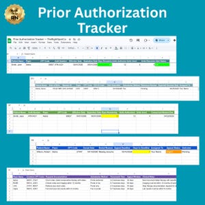 May include: A digital spreadsheet labelled "Prior Authorization Tracker" showing patient data, CPT codes, and authorization details. The text "Built by an RN" is in the upper left corner. Measurements are in cm.
