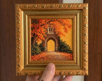 Mini Autumn Archway Oil Painting, Gothic Gate Wall Art, Framed Holiday Decor