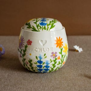 Hand-Painted Wildflower Ceramic Urn: Custom Underglaze Name Stamp Keepsake, Handmade Urn