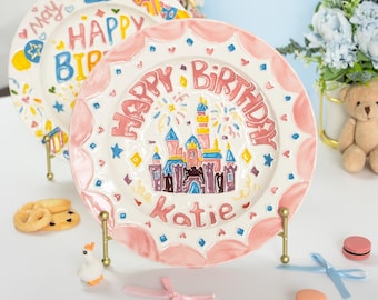 Personalized Birthday Plate With Castle, Hand-Painted Ceramic Gift for Children, Handmade Embossed Design