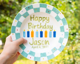 Personalized Ceramic Birthday Plate, Colorful Party Design with Custom Name and Date
