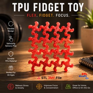 Könnte beinhalten: Ein rotes, durchscheinendes, quadratisches TPU-Fidget-Spielzeug mit einem ineinandergreifenden, geometrischen, puzzleartigen Muster. Der Text auf dem Bild lautet: TPU FIDGET TOY, FLEX. FIDGET. FOCUS., Flexible Design, Satisfying Sensory Play, Durable TPU Material, Perfect for All Ages, STL 3MF File, STL Craft Hub, Relieves Stress & Anxiety, Improves Focus & Concentration, Great for Home, Office & On-the-Go.