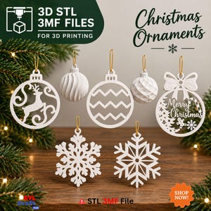 Peut inclure: Un ensemble de sept décorations de Noël blanches imprimées en 3D avec des cordons dorés. Les motifs incluent un renne, un nœud, des flocons de neige et une boule avec le texte Merry Christmas. L'image contient le texte 3D STL 3MF FILES.