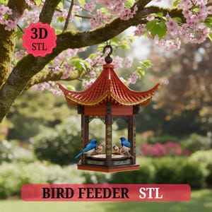 May include: A pagoda-style bird feeder with a red roof and brown frame hangs from a tree branch. The feeder has intricate details and is filled with small birds. The text "BIRD FEEDER STL" is displayed on a red banner.