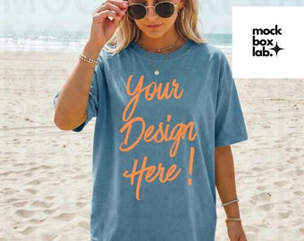 Comfort Colors 1717 Ice Blue Mockup C1717 Summer Lifestyle Mockup Pinterest Model Influencer Trendy Beach T-Shirt Mockup Digital Download