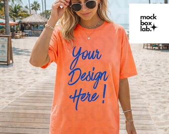 Comfort Colors 1717 Neon Cantaloupe Orange T-shirt Mockup C1717 Summer Lifestyle Mockup Pinterest Beach Model Shirt Mock Digital Download