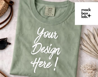 Comfort Colors 1717 Bay Shirt Flat Lay Mockup CC1717 Bay Folded T-shirt Mockup Neutral Boho Aesthetic Trendy Shirt Mockup Digital Download