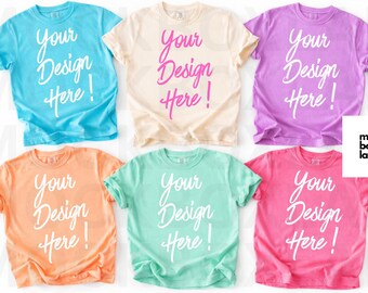 Group Shirt Mockup Comfort Colors C1717 Ivory Neon Pink Violet Cantaloupe Lagoon Island Reef Mockup Trendy Summer Flat Lay Digital Download