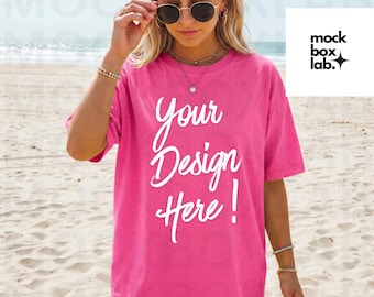 Comfort Colors 1717 Neon Pink Mockup C1717 Summer Lifestyle Mockup Pinterest Model Influencer Trendy Beach T-Shirt Mock Digital Download
