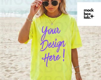 Comfort Colors C1717 Neon Lemon Mockup C1717 Summer Lifestyle Mockup Pinterest Model Influencer Trendy Beach T-shirt Mockup Digital Download