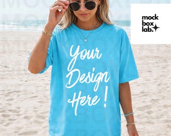 Comfort Colors 1717 Sapphire Mockup C1717 Summer Lifestyle Mockup Pinterest Model Influencer Trendy Beach T-Shirt Mockup Digital Download