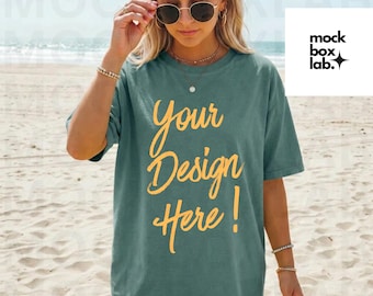 Comfort Colors 1717 Blue spruce Mockup C1717 Summer Lifestyle Mockup Pinterest Model Influencer Trendy Beach T-Shirt Mockup Digital Download