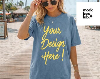 C1717 Blue Jean Mockup Summer Style Oversized T-shirt Mockup Comfort Colors 1717 Blue Jean Mockup Beach Lifestyle Tee Mock Digital Download