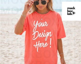 Comfort Colors 1717 Neon Red Orange Mockup C1717 Summer Lifestyle Mockup Pinterest Model Influencer Trendy Beach Shirt Mock Digital Download