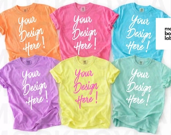 Comfort Colors C1717 Group T-Shirt Mockup 1717 Pink Cantaloupe Violet Lemon Island Reef Lagoon Shirt Mockup Summer Flatlay Digital Download