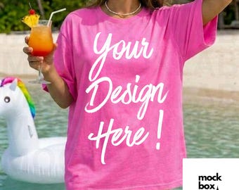 Comfort Colors C1717 Neon Pink Mockup C1717 Summer Lifestyle Mockup Pinterest Model Boho Trendy Beach Pink T-shirt Mockup Neon Pink 1717