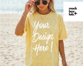 Comfort Colors 1717 Banana Mockup C1717 Summer Lifestyle Mockup Pinterest Model Influencer Trendy Beach Yellow T-Shirt Mock Digital Download