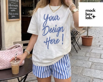 Comfort Colors Ivory Shirt Outdoor Mockup C1717 Ivory 1717 Summer Mockup Trendy Oversized Cafe Lifestyle Model Mockup 1717 Digital Download