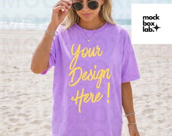 Comfort Colors C1717 Neon Violet Mockup C1717 Summer Lifestyle Mockup Pinterest Model Influencer Trendy Beach T-shirt Mock Digital Download