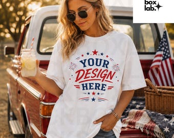 White Comfort Colors 1717 Shirt Mockup C1717 USA Model Mockup 4th of July Mock American Lifestyle Mockup Trendy Aesthetic White 1717 Tshirt