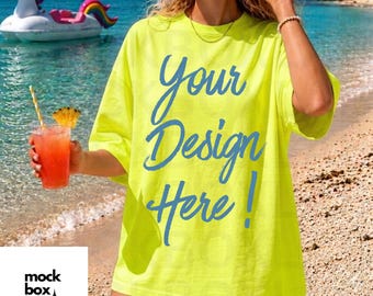 Comfort Colors 1717 Neon Lemon Mockup C1717 Summer Lifestyle Mockup Pinterest Model Boho Trendy Beach Yellow Shirt Mock 1717 Neon Lemon Mock