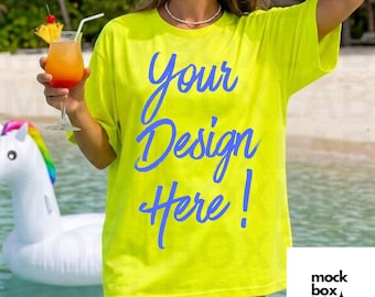 Comfort Colors C1717 Neon Lemon Mockup C1717 Summer Lifestyle Mockup Pinterest Model Influencer Trendy Beach T-shirt Mockup Neon Lemon 1717