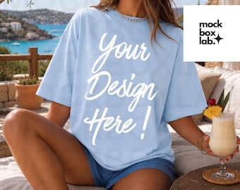 Comfort Colors 1717 Chambray Mockup C1717 Summer Lifestyle Mockup Pinterest Model Influencer Trendy Beach T-Shirt Mock Chambray 1717 Mock